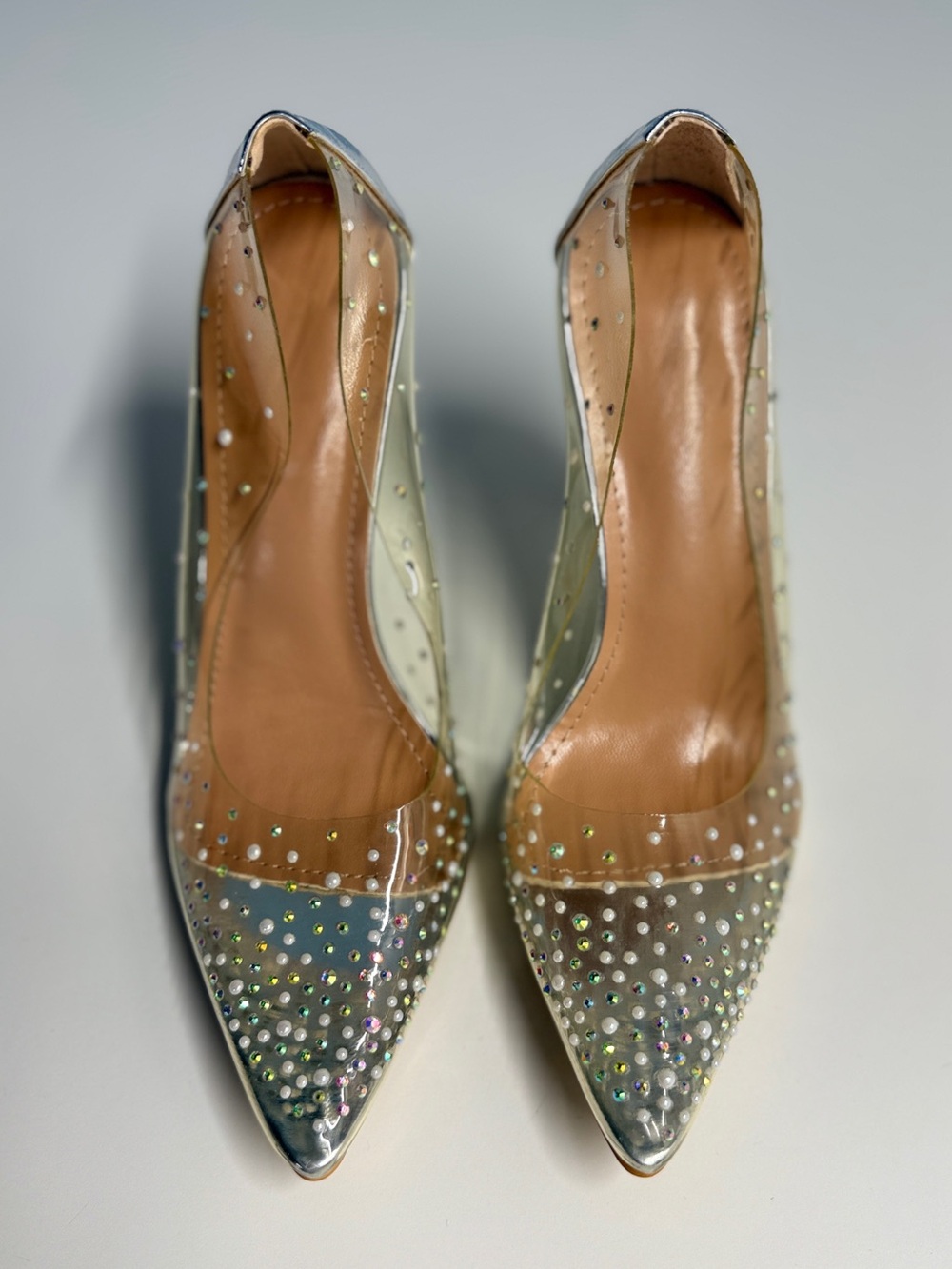 Clear Pointed Toe Crystal Accent Pumps - Nude Trim